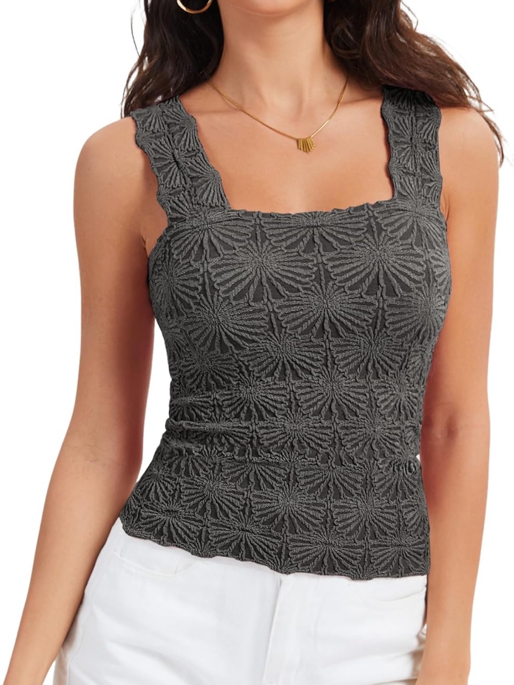 Square Neck Textured Tank Top - Charcoal Gray